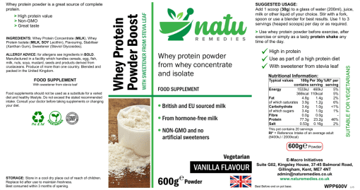 Whey Protein Powder Boost Vanilla 600g 21oz label