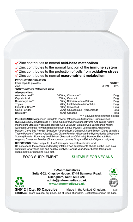 Yeast Spore Balance Complex 60 capsulesNaturemedies UK ingredients