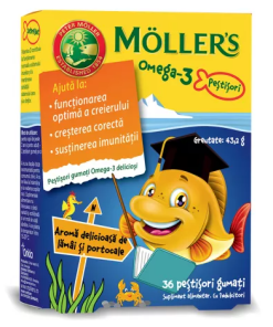 Pestisori gumati cu Omega-3 si aroma de lamai si portocale, 36 jeleuri, Moller's