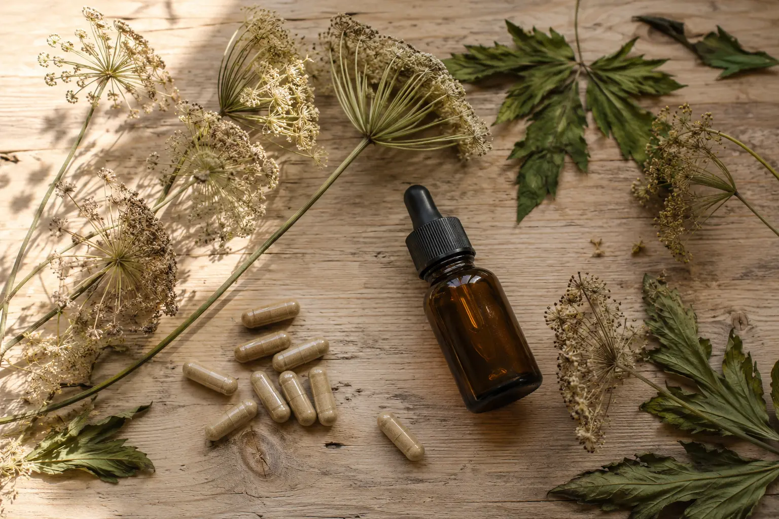 Branca ursului tincture bottle and herbal capsules with dried hogweed