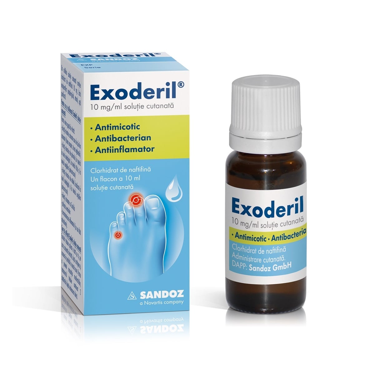 Exoderil soluție cutanată 10 mg/ml, 10 ml, Sandoz 3 Exoderil 10 mg/ml soluție cutanată, 10 ml, Sandoz