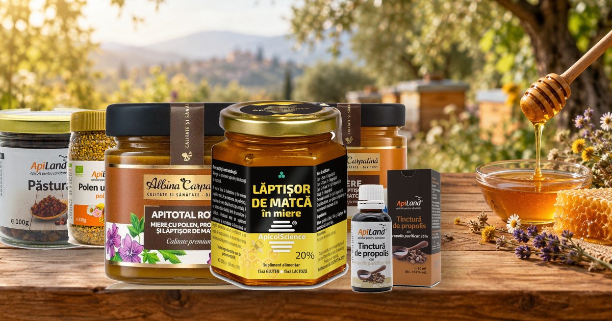 Produse apicole românești în UK: lăptișor de matcă, păstură, polen și propolis 1 Produse apicole românești în stoc în UK pe o masă de lemn: lăptișor de matcă în miere, Apitotal Royal, păstură, polen, tinctură de propolis