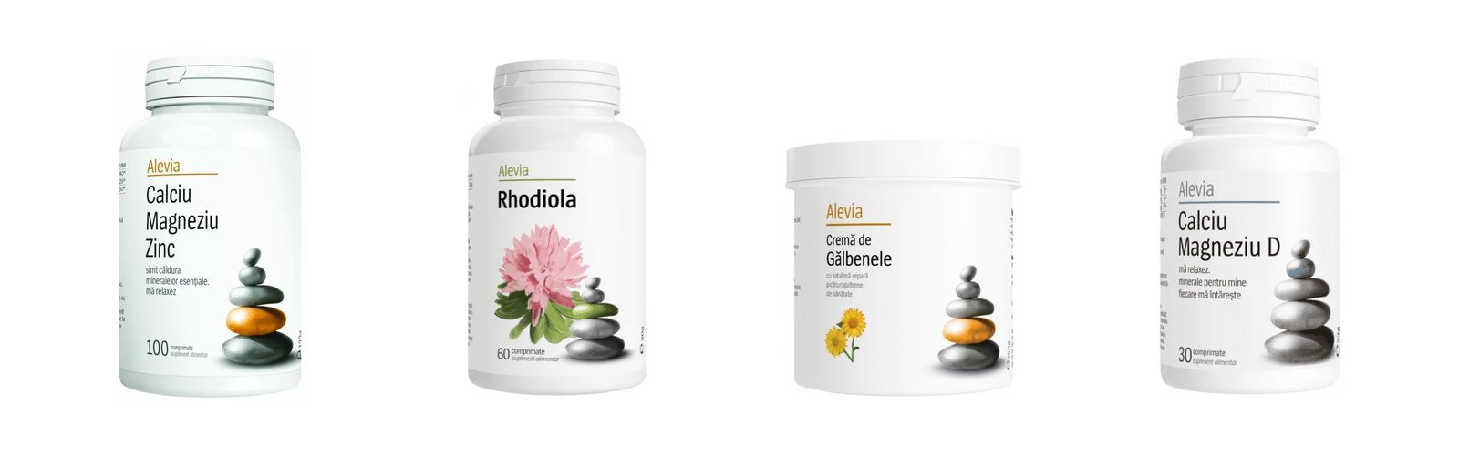 Alevia supplements sold at Naturemedies: Calciu Magneziu Zinc, Rhodiola, Cremă de Gălbenele, Calciu Magneziu D